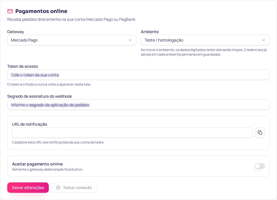 Seção Pagamentos online do painel Lojiz com campos de gateway, ambiente e token protegidos